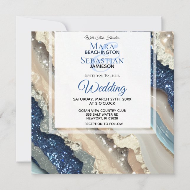Invitation *~* AR66 QR BLUE IVORY SILVER Agate RSVP Mariage (Devant)