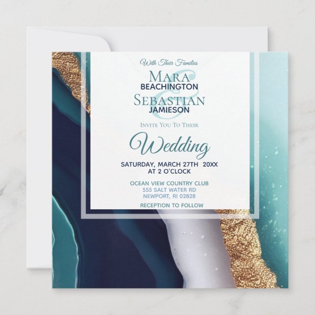 Invitation ~ AR66 RSVP Agate Marbre Or QR Mariage (Devant)