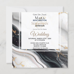 Invitation *~* AR66 RSVP White Black Gold Agate QR Mariage