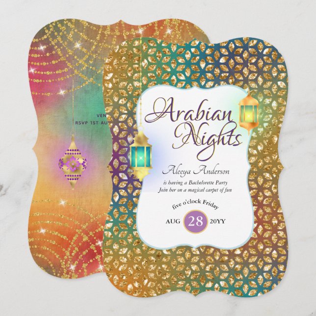 Invitation Arabe Nights Exotic Party Chaînes de lumières Lant (Devant / Derrière)