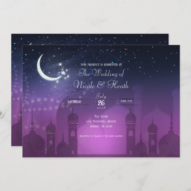 Invitation Arabe Nights Marocain violet Moonlight Mariage (Devant / Derrière)