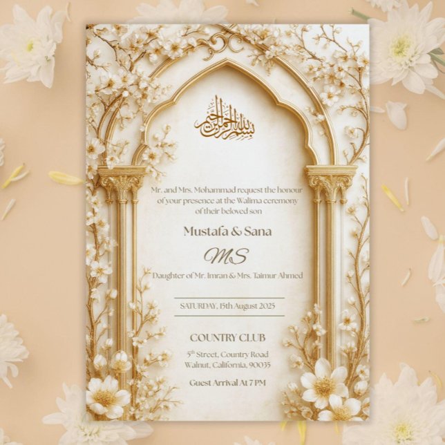 Invitation Arabesque Beige/Or Arche Islamique Floral Numériqu (Créateur téléchargé)