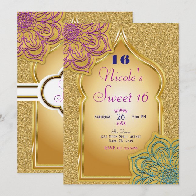 Invitation Arabian Nights Gold Sparkle Mandala Anniversaire (Devant / Derrière)