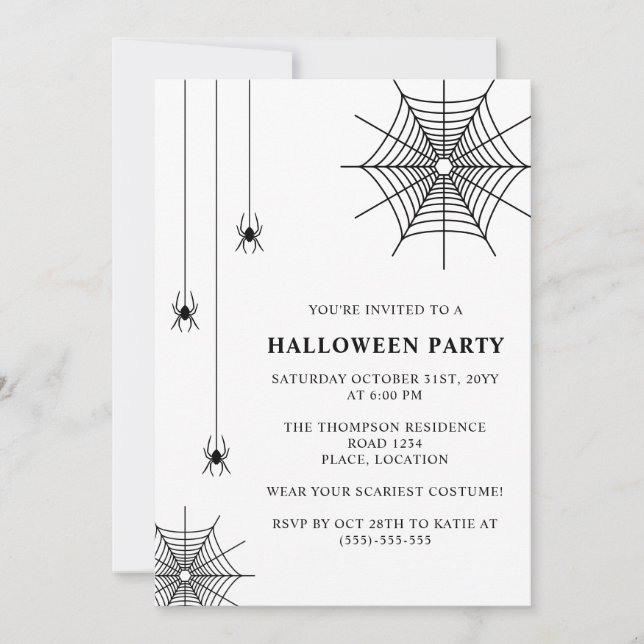 Invitation Araignées et toile d'araignée Simple Halloween noi (Devant)