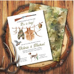 Invitation Arbalète de chasse Baby shower de garçon<br><div class="desc">Aquarelle "Un petit chasseur est sur le chemin" Baby shower de chasse avec des icônes de chasse comme fusil, arc et flèche, surboules tenue, casquette, peau de cerf, chien de chasse pointeur, canard et bois, Celui-ci est pour un Baby shower, mais vous pouvez changer le libellé pour répondre à vos...</div>
