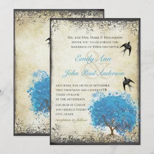 Invitation Arbre à feuilles de cœur bleu parchemin perle vint