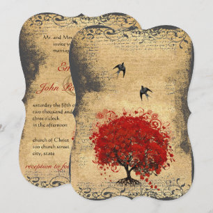 Invitation Arbre à feuilles en cœur rouge Mariage Oiseaux Vin