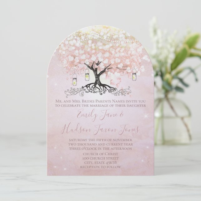 Invitation Arbre à feuilles en forme de cœur rose simple Pot  (Debout devant)