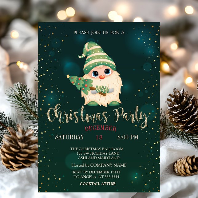 Invitation Arbre à pin Gnome, Étoiles Noël Compagnie fêtards (Créateur téléchargé)