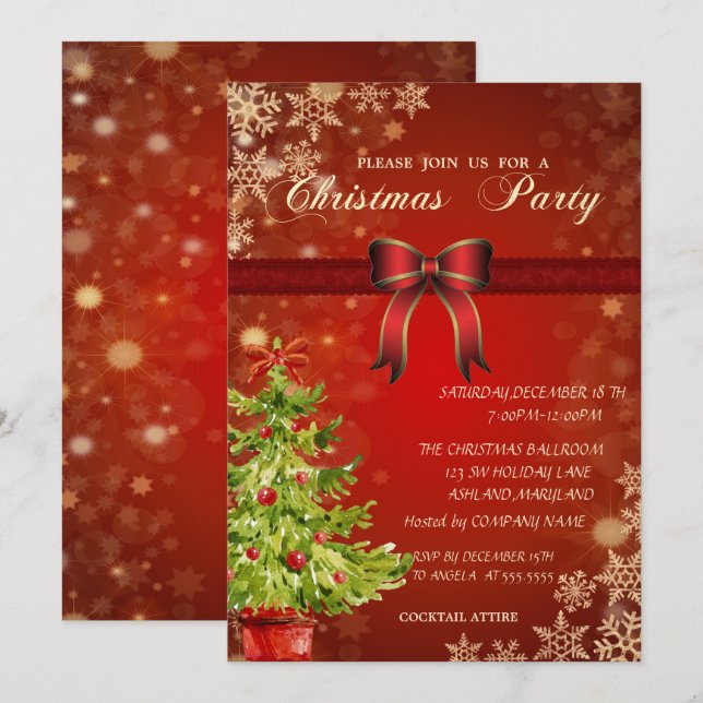 Invitation Arbre aquarelle, Bow Corporate Christmas Party (Devant / Derrière)