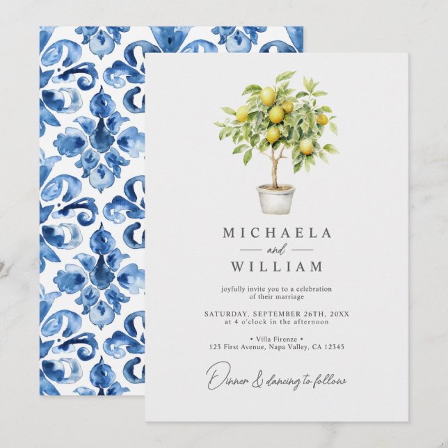 Invitation Arbre au citron à l'aquarelle et mariage de carrea (Devant / Derrière)