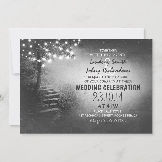 Invitation arbre avec lumières à cordes noir & blanc mariage (Devant)