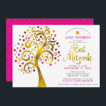 Invitation Arbre bat mitzvah Rouge Or Foil Arbre de vie moder<br><div class="desc">Soyez fier, réjouissez-vous et présentez cette étape importante de votre Bat mitzvah préféré ! Ce faux arbre graphique en feuille d'or avec rose brillant, orange et rouge étoile de David et point "feuilles" sur un arrière - plan blanc est l'invitation parfaite pour cette occasion spéciale. Une toute petite étoile rouge...</div>