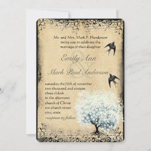 Invitation Arbre Bleu Feuille de Coeur Papier Vélin Faux Vint