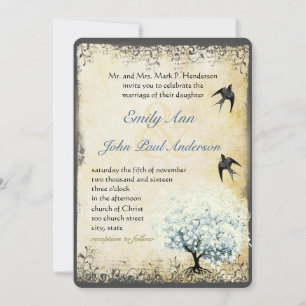 Invitation Arbre Bleu Feuille de Coeur Vintage Oiseau Perle P