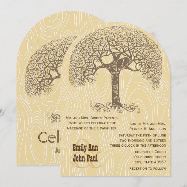 Invitation Arbre Brun Amour Oiseau Tan Jaune Bois Mariage (Devant / Derrière)