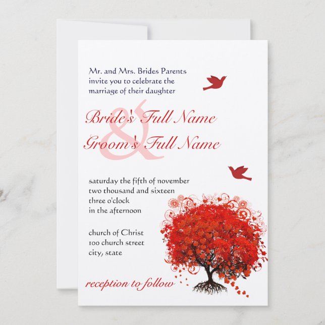 Invitation Arbre d'amour rouge Oiseaux d'amour Mariage  (Devant)