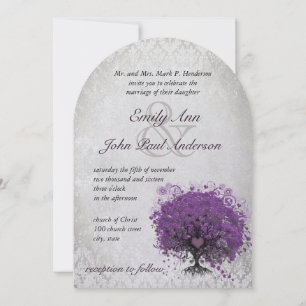 Invitation Arbre d'aubergine feuille coeur Mariage damassé Vi