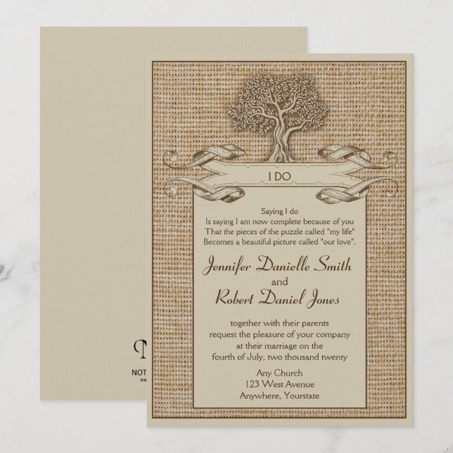 Invitation Arbre de chêne sur Mariage Burlap (Devant / Derrière)