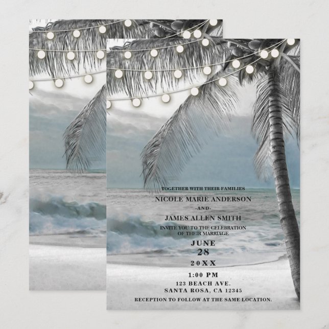 Invitation Arbre de cocotier White Palm et mariage de plage a (Devant / Derrière)