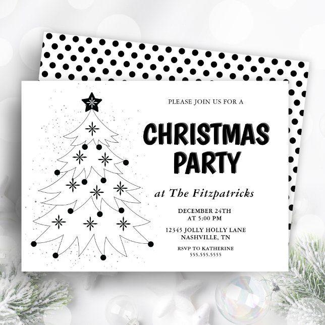 Invitation Arbre de fête noir et blanc Soirée de Noël (Black and White Festive Tree Christmas Party Invitation)