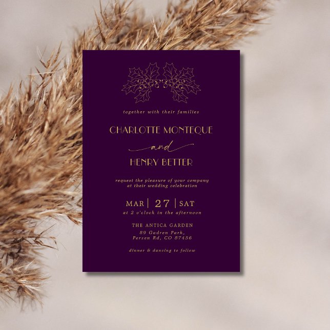 Invitation Arbre de houx feuilles or abricot profond Mariage  (Créateur téléchargé)
