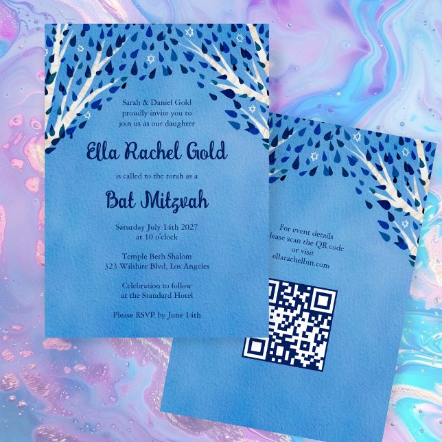 Invitation Arbre de la vie étoiles Custom Bat Bar Mitzvah QR  (Tree of Life Stars Custom Bat Bar Mitzvah QR Code Watercolor Modern Invitation
)