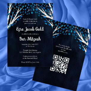 Invitation Arbre de la vie étoiles Custom Bat Bar Mitzvah QR