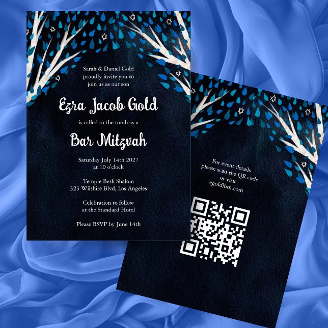 Invitation Arbre de la vie étoiles Custom Bat Bar Mitzvah QR  (Tree of Life Stars Custom Bat Bar Mitzvah QR Code Custom Modern Watercolor Invitation
)