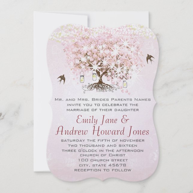 Invitation Arbre de l'amour oiseau simplement rose mariage co (Devant)