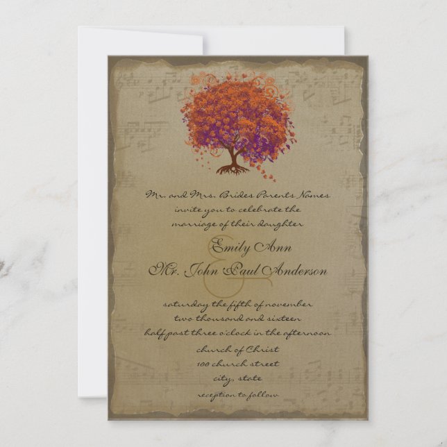 Invitation Arbre de mariage doré musical cœur rouge feuillu  (Devant)