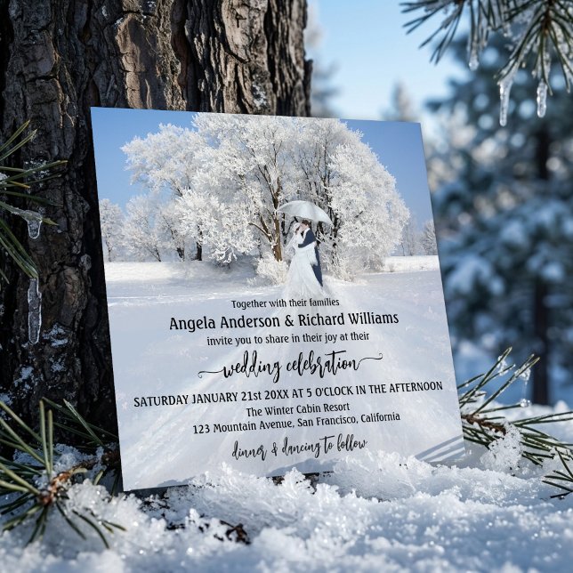 Invitation Arbre de mariage hivernal de beaux-arts (Romantic wedding invitation featuring a painting of a couple with an umbrella in winter wonderland)