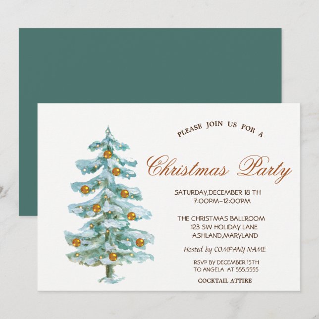 Invitation Arbre de Noël à l'aquarelle, Boules, Entreprise ve (Devant / Derrière)