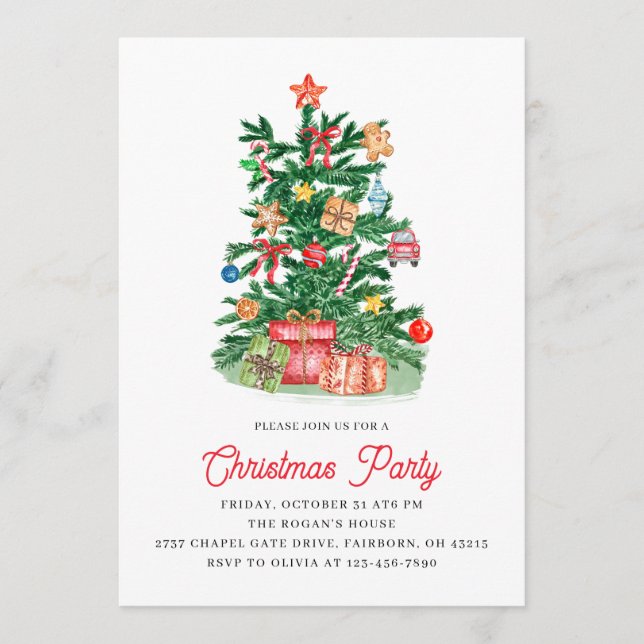 Invitation Arbre de Noël à l'aquarelle festive fête de vacanc (Devant)