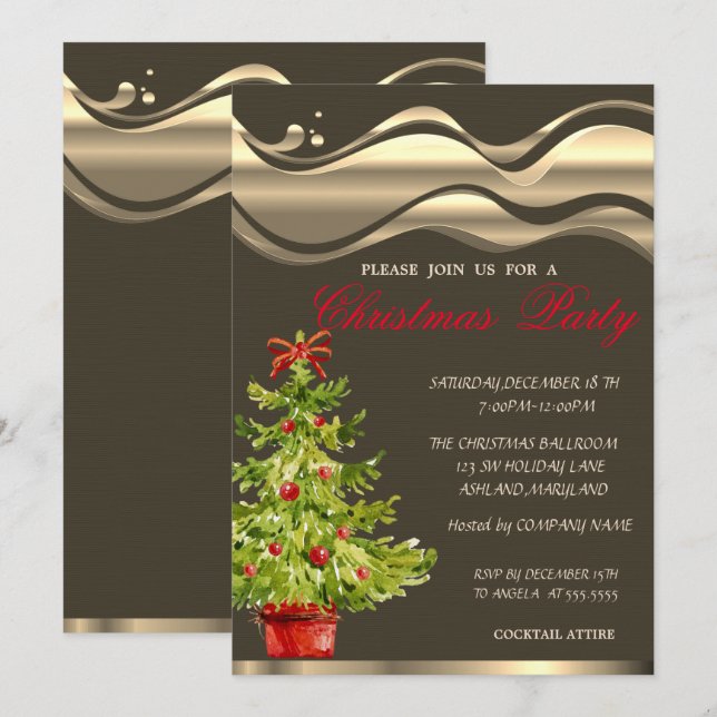 Invitation Arbre de Noël à l'aquarelle, Fête de Noël (Devant / Derrière)
