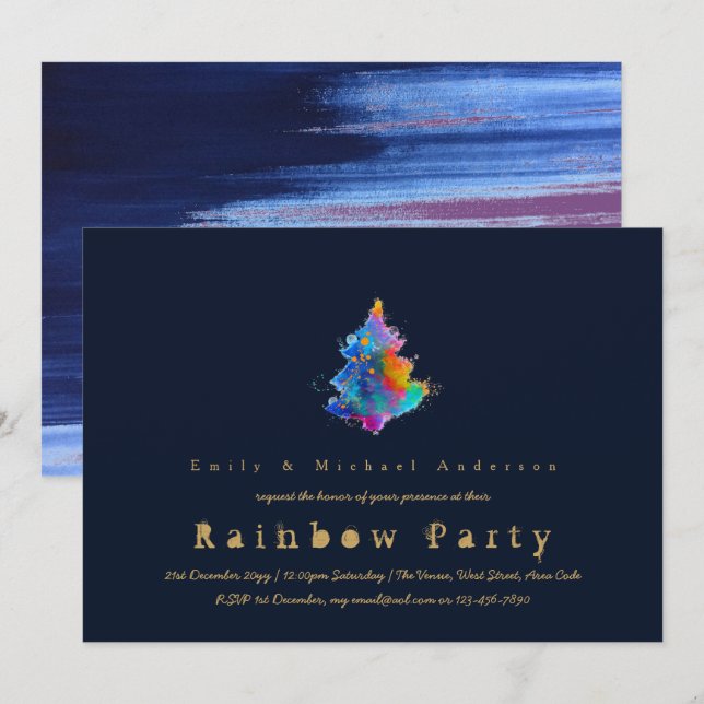 Invitation Arbre de Noël Arc-en-ciel moderne Marine Bleu tend (Devant / Derrière)