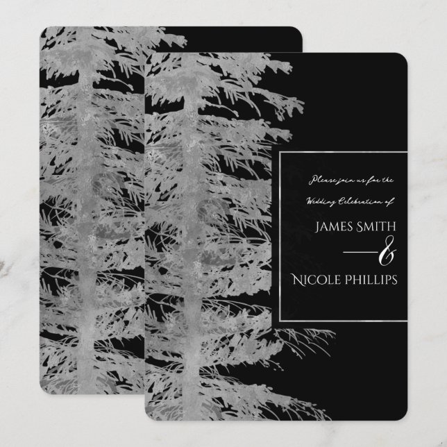 Invitation Arbre de Noël Argent Noir Glam Forêt Rustique Mari (Devant / Derrière)