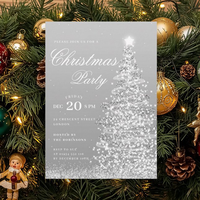 Invitation Arbre de Noël argenté formel pour la fête de Noël  (Formal Silver Winter Christmas Tree Holiday Party Invitation)