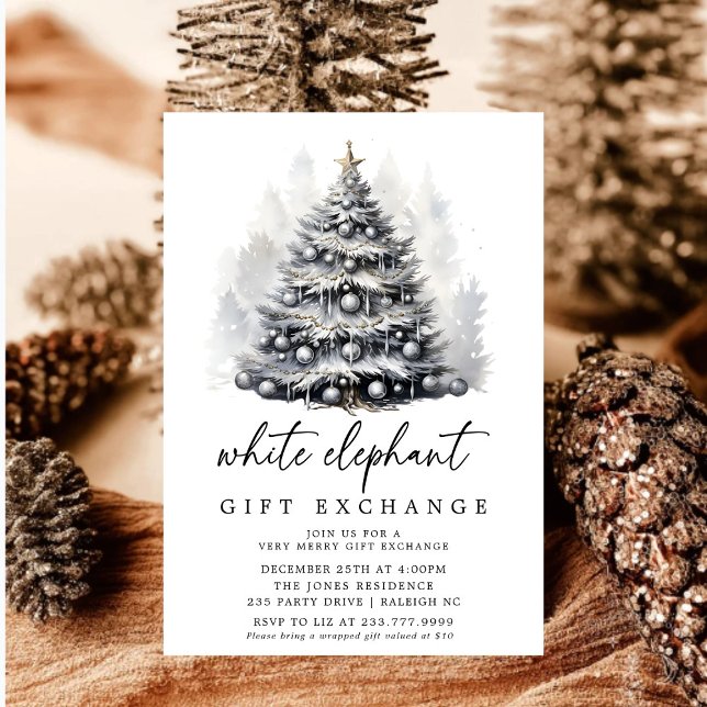 Invitation Arbre de Noël blanc noir moderne Eléphant blanc (Créateur téléchargé)