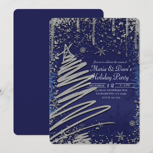 Invitation Arbre de Noël Bleu et Argent d'Hiver Soirée de Fêt (Devant / Derrière)