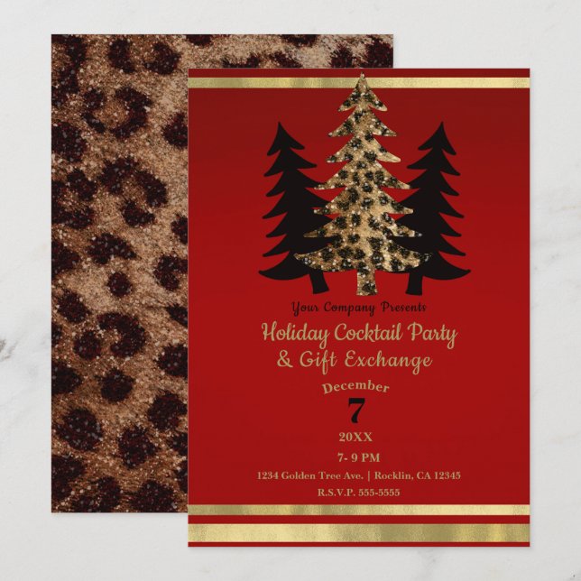 Invitation Arbre de Noël de fête Glamour Léopard Or Rouge (Devant / Derrière)