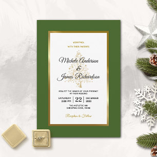 Invitation Arbre de Noël de mariage élégant vert forêt doré