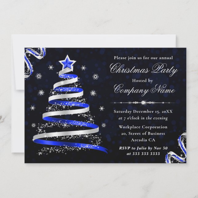 Invitation Arbre de Noël d'entreprise Ruban Bleu et Argent (Devant)