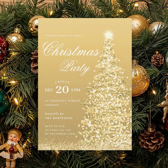 Invitation Arbre de Noël d'hiver doré formel pour une fête de (Formal Gold Winter Christmas Tree Holiday Party Invitation)