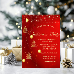 Invitation Arbre de Noël doré,Boules Rouge Société de Noël