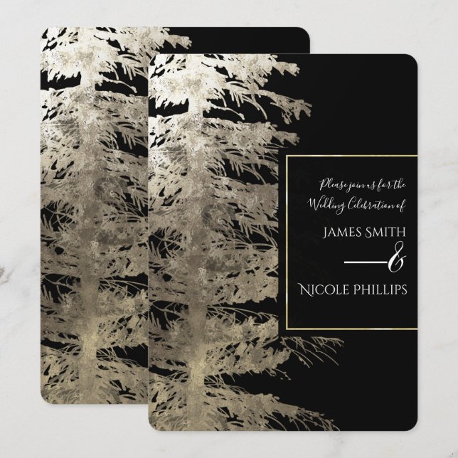 Invitation Arbre de Noël doré et noir, mariage rustique en fo (Devant / Derrière)