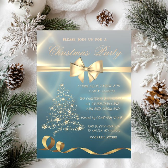 Invitation Arbre de Noël doré, Étoiles, Nœud papillon Fête de (Créateur téléchargé)