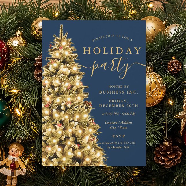 Invitation Arbre de Noël doré formel Fêtes d'entreprise bleu  (Formal Gold Xmas Tree Corporate Holiday Navy Blue Invitation)