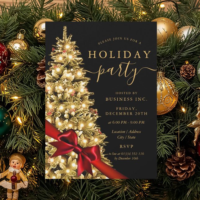 Invitation Arbre de Noël doré Ruban rouge Fête de Noël d'entr (Gold Xmas Tree Red Bow Corporate Holiday Party Invitation)