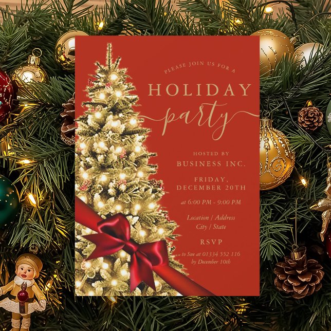 Invitation Arbre de Noël doré Ruban rouge Fêtes d'entreprise  (Gold Xmas Tree Red Bow Corporate Holiday Red Invitation)